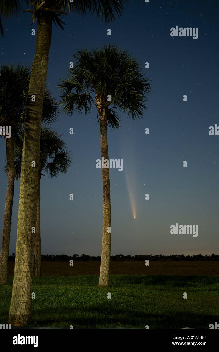 La cometa Tsuchinshan-ATLAS, nota anche come C/2023 A3, è ambientata nei cieli di Melbourne, Florida, domenica 13 ottobre 2024. La rara cometa ha visitato il sistema solare per l'ultima volta quasi 80.000 anni fa e sarà visibile di sera in occidente per i prossimi giorni. Foto di Joe Marino/UPI credito: UPI/Alamy Live News Foto Stock