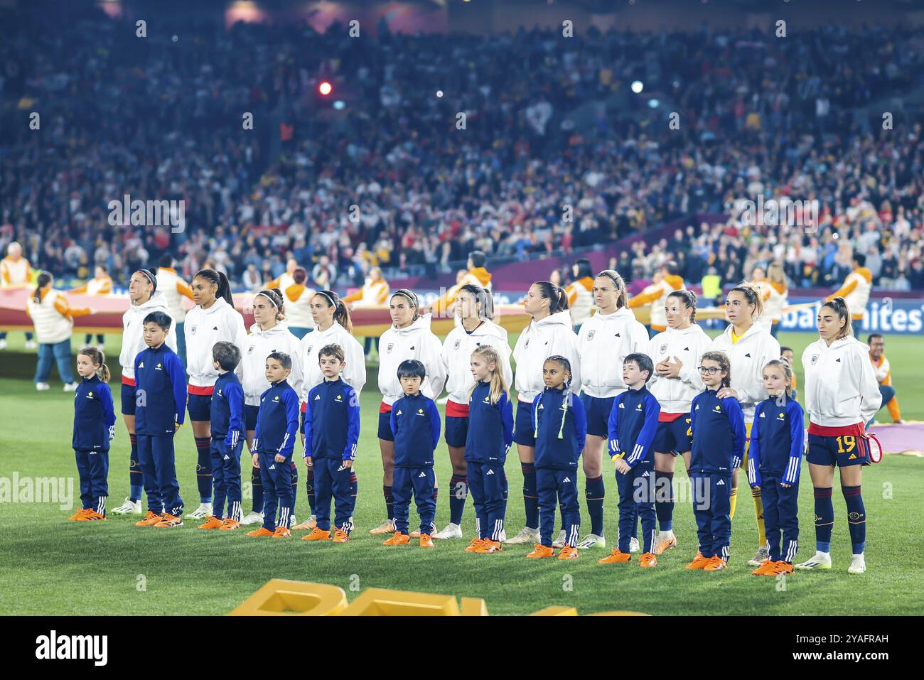 SYDNEY, AUSTRALIA, 20 AGOSTO: Inno nazionale spagnolo prima che la Spagna affronti l'Inghilterra nella finale della Coppa del mondo femminile FIFA Australia nuova Zelanda 2023 Foto Stock