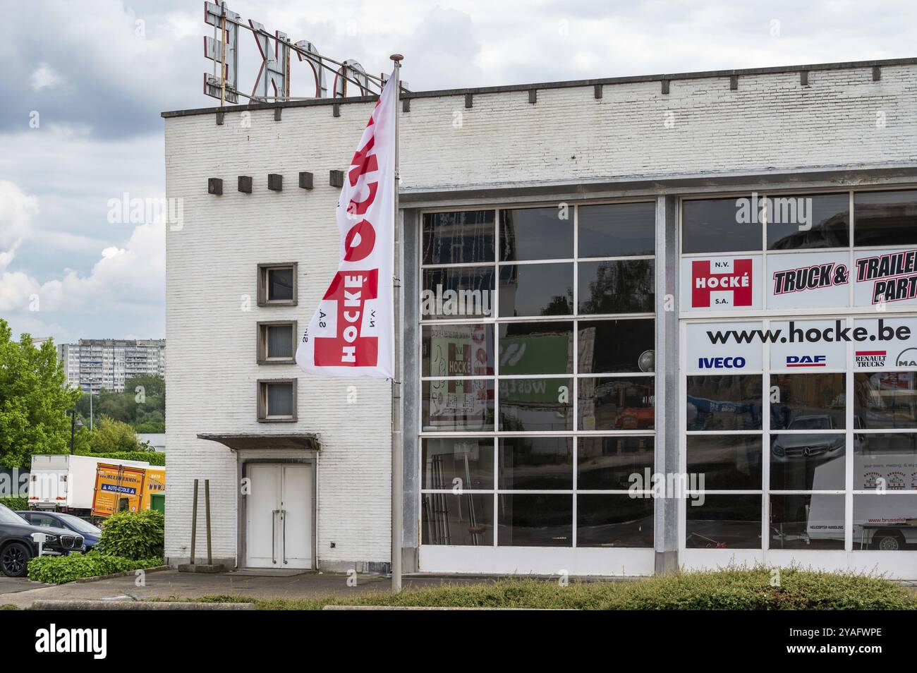 Groot-Bijgaarden, Brabante fiammingo, Belgio, 23 maggio 2024, facciata e insegna della società Hocke che fornisce ricambi per veicoli e rimorchi, Europa Foto Stock