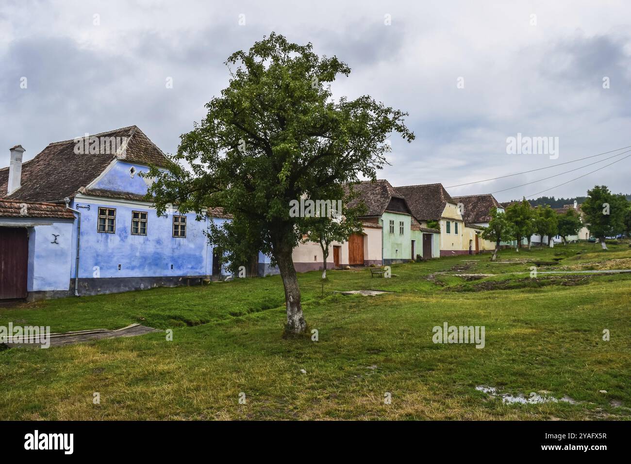 Viscri, Romania, 08 03 2016 tradizionali case colorate e fattorie in stile sassone con dintorni verdi, Europa Foto Stock