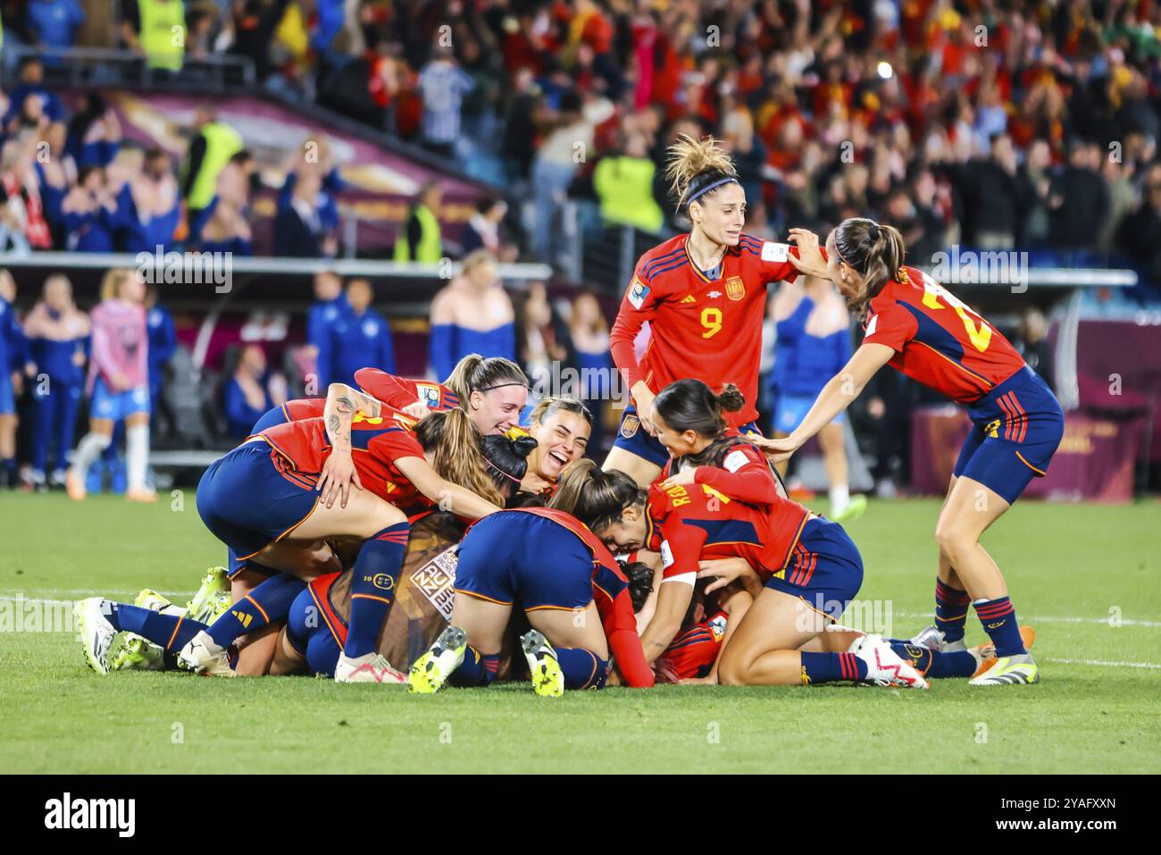 SYDNEY, AUSTRALIA, 20 AGOSTO: Le giocatrici spagnole festeggiano la vittoria dell'Inghilterra nella finale della Coppa del mondo femminile FIFA Australia e nuova Zelanda 2023 a sta Foto Stock