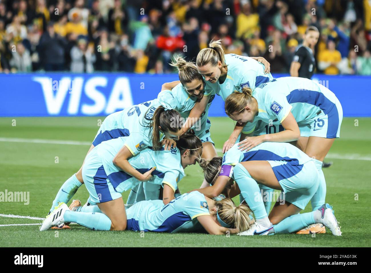 MELBOURNE, AUSTRALIA, LUGLIO 31: L'Australia celebra il gol di Mary FOWLER prima che il gol venga respinto contro il Canada alla Coppa del mondo femminile FIFA Foto Stock