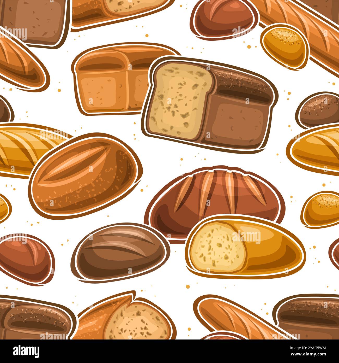 Motivo senza cuciture per pane vettoriale, sfondo decorativo con illustrazioni della collezione di pane assortito volante, placca quadrata con gruppo di piatti Illustrazione Vettoriale