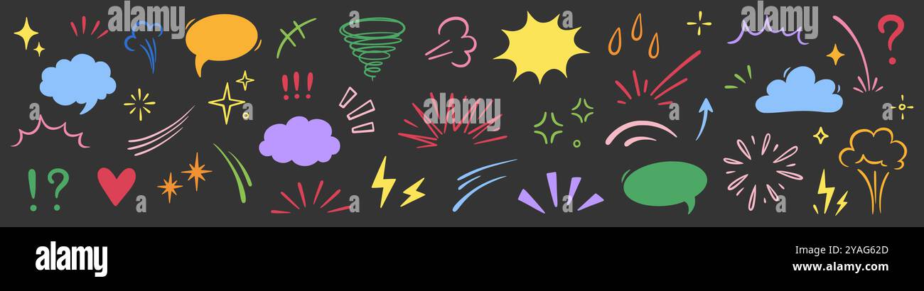 Set di elementi carini con effetto fumetto. Fumetto, simbolo emoji, scintilla stellare, icona vettoriale del cartoni animati con movimento lineare. Un simpatico movimento di velocità per scarabocchi disegnato a mano, una scintilla divertente. Illustrazione vettoriale Illustrazione Vettoriale