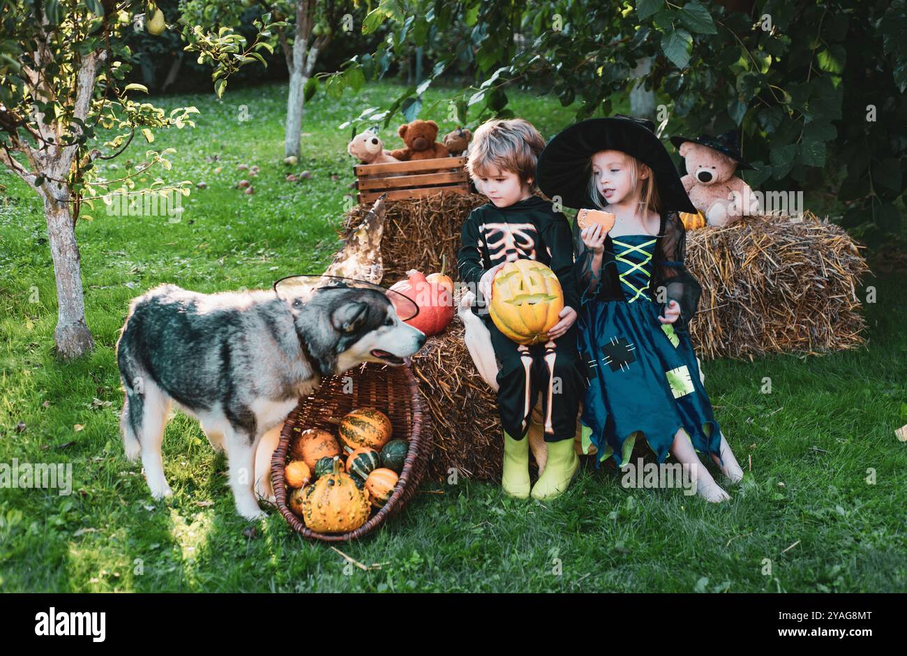 I bambini di Halloween si divertono nel parco autunnale sul campo. Halloween in campagna. Figli sorella e fratello con la zucca vestita come scheletro e. Foto Stock