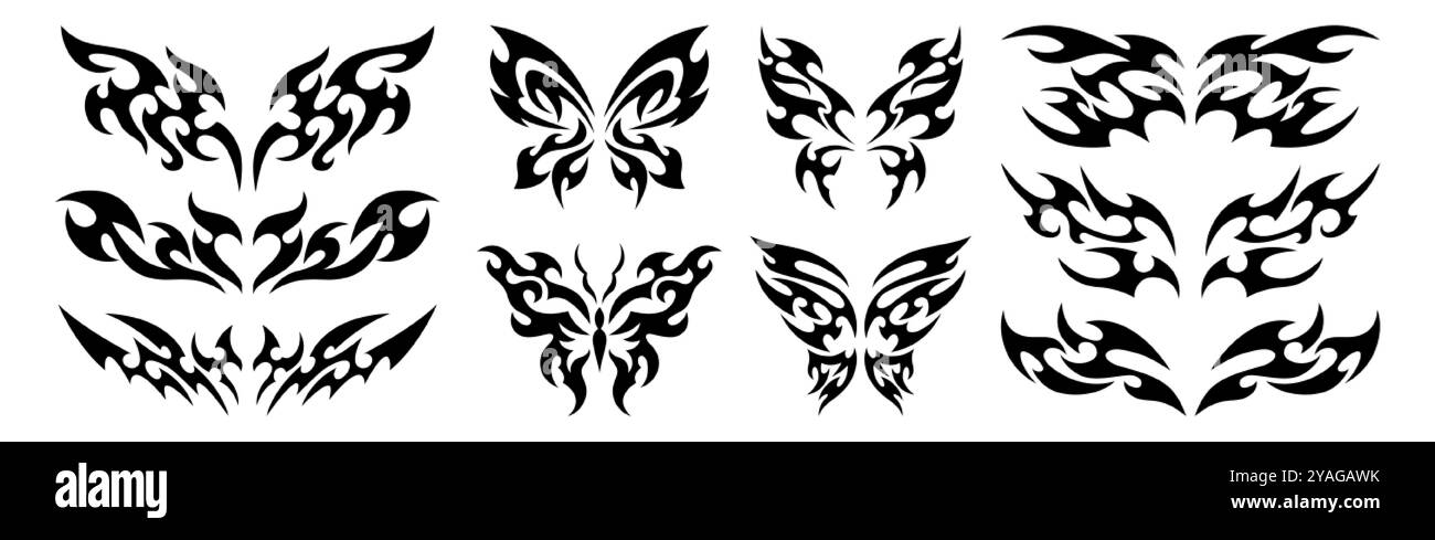 Set per tatuaggi neo tribali y2k. Farfalla gotica neotribica con ali, fiamma, forma del cuore, divisori astratti simmetrici. Elementi di design Cyber sigilism. Ornamenti gotici celtici, adesivi stilizzati emo Illustrazione Vettoriale