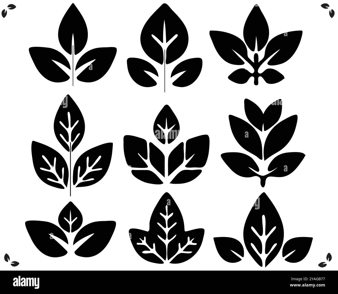 Splendido design a foglie d'albero, armonia dei fiori in bianco e nero modificabile, splendido design a foglie, scudo a foglia vettoriale silhouette nera, set di foglie su branche Illustrazione Vettoriale