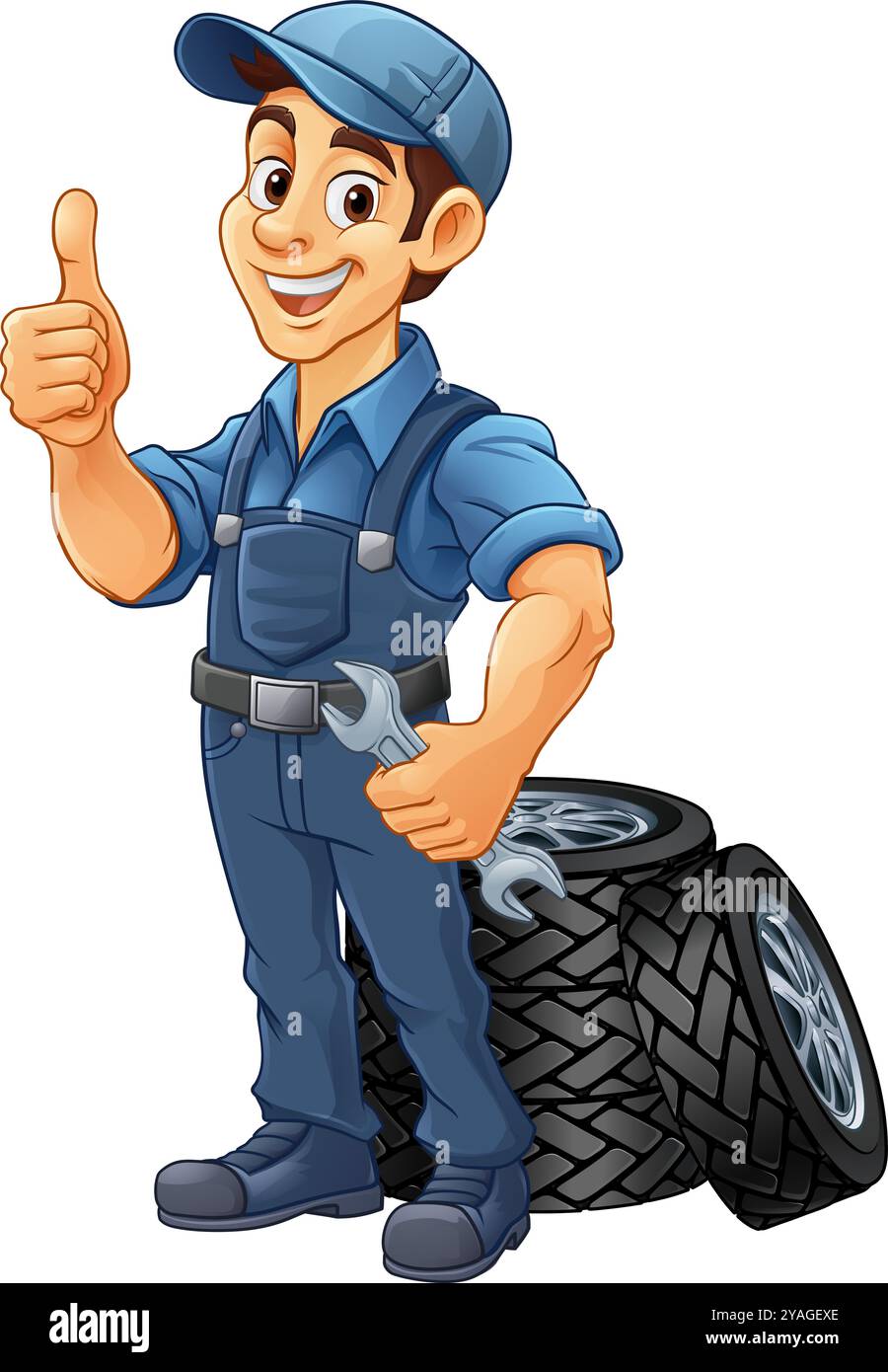 Pneumatico pneumatico meccanico per l'assistenza auto Mascotte Cartoon Man Illustrazione Vettoriale