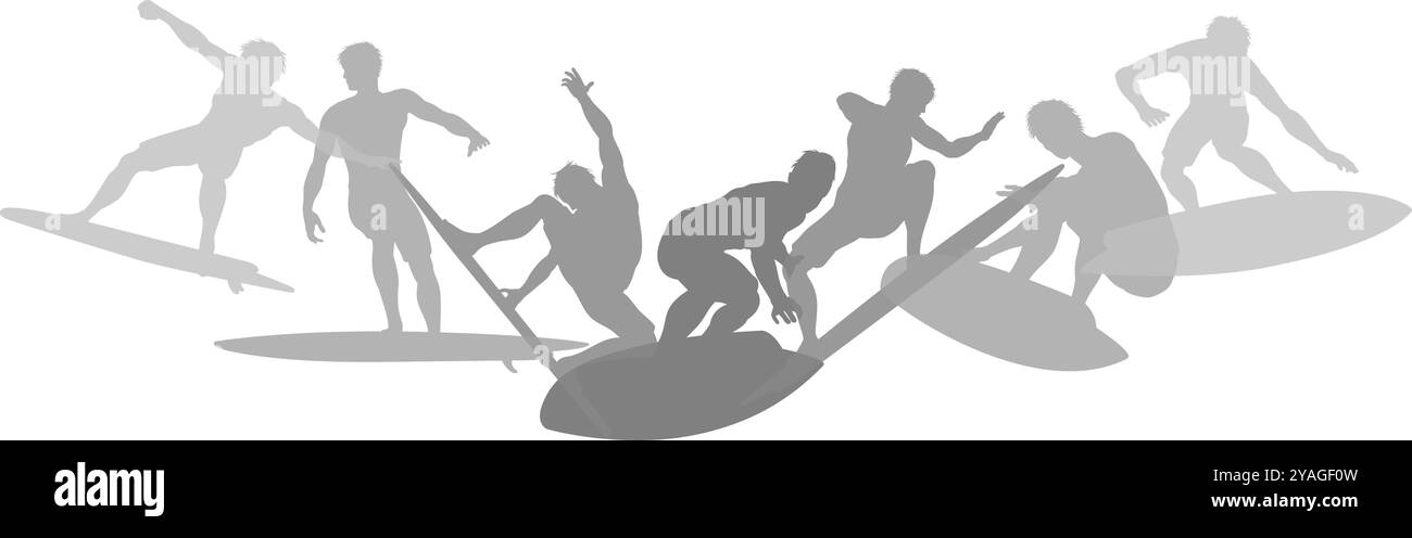 Surfers Surf on Surf Boards Concept silhouette Illustrazione Vettoriale