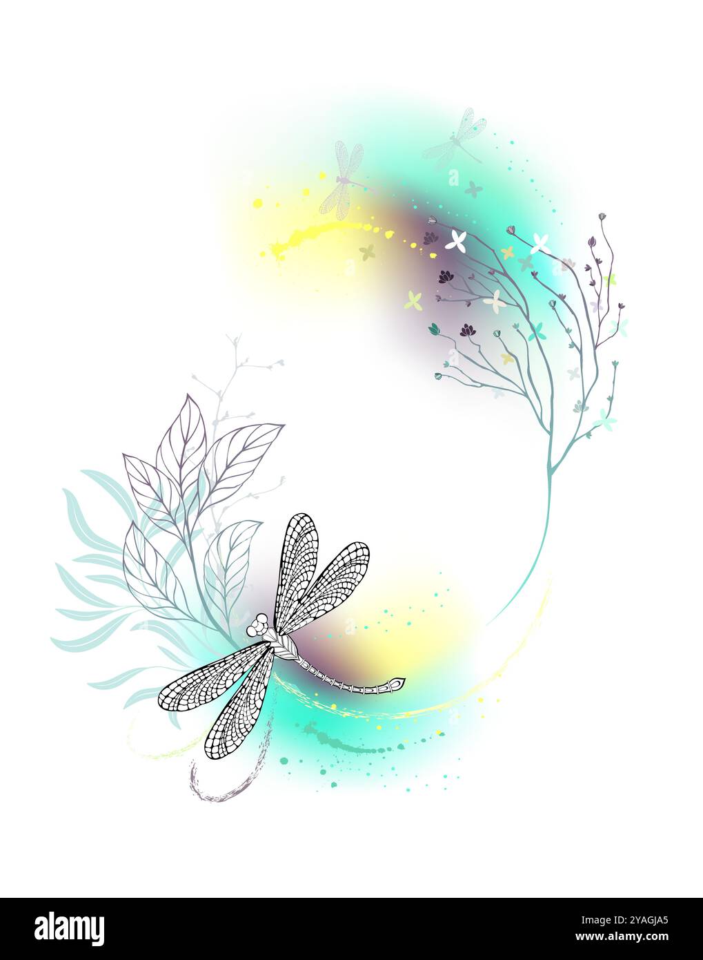 Monogramma verde ovale di rami verdi e fioriti e piante selvatiche con libellule volanti su sfondo bianco. Design insolito per un invito Illustrazione Vettoriale