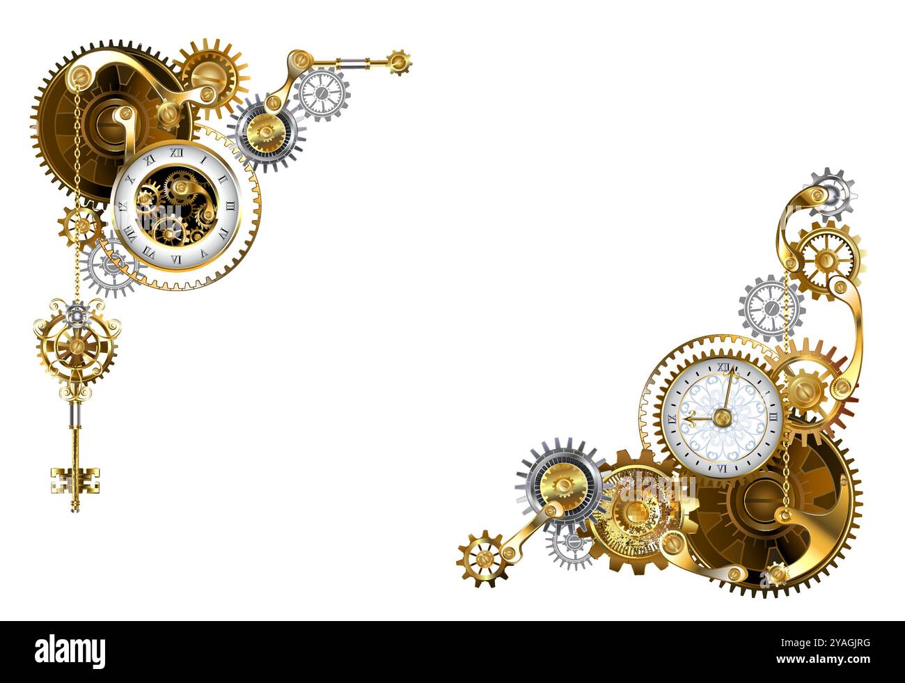 Telaio decorato con orologio antico, ingranaggi in ottone e chiavi su sfondo bianco. Stile steampunk. Illustrazione Vettoriale