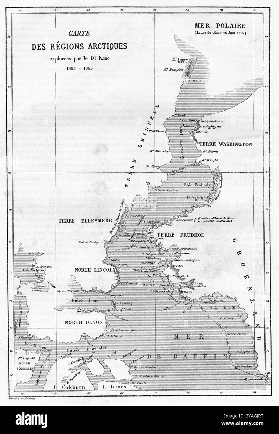 Mappa delle regioni artiche di Elisha Kent Kane durante la sua seconda spedizione di Grinnell, 1853 - 1855. Da le Tour du Monde, pubblicato Parigi, 1860. Foto Stock