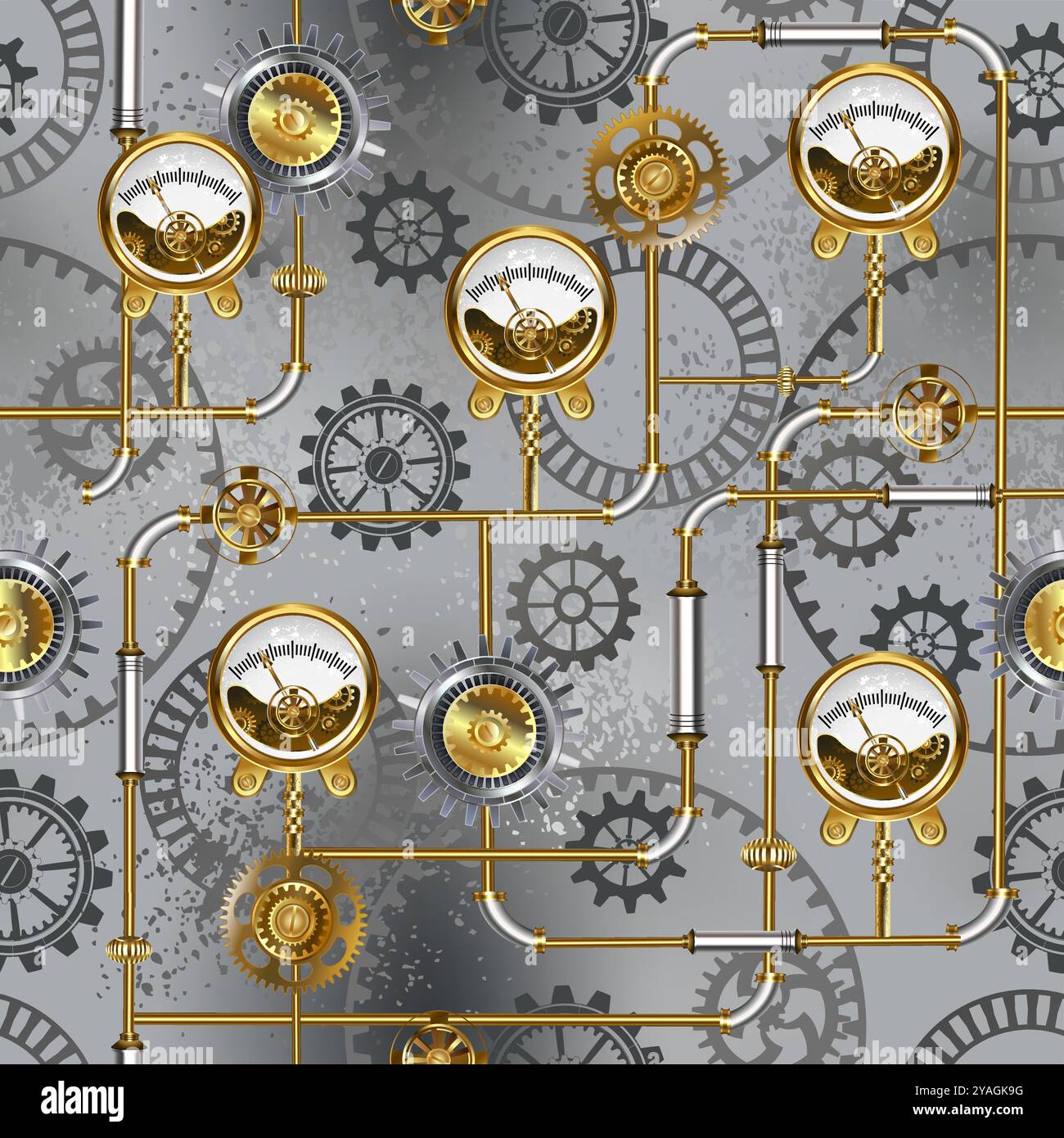 Tubi in ottone, in stile steampunk, senza cuciture, antichi manometri e ingranaggi grigi su sfondo grigio testurizzato. Stile steampunk. Illustrazione Vettoriale