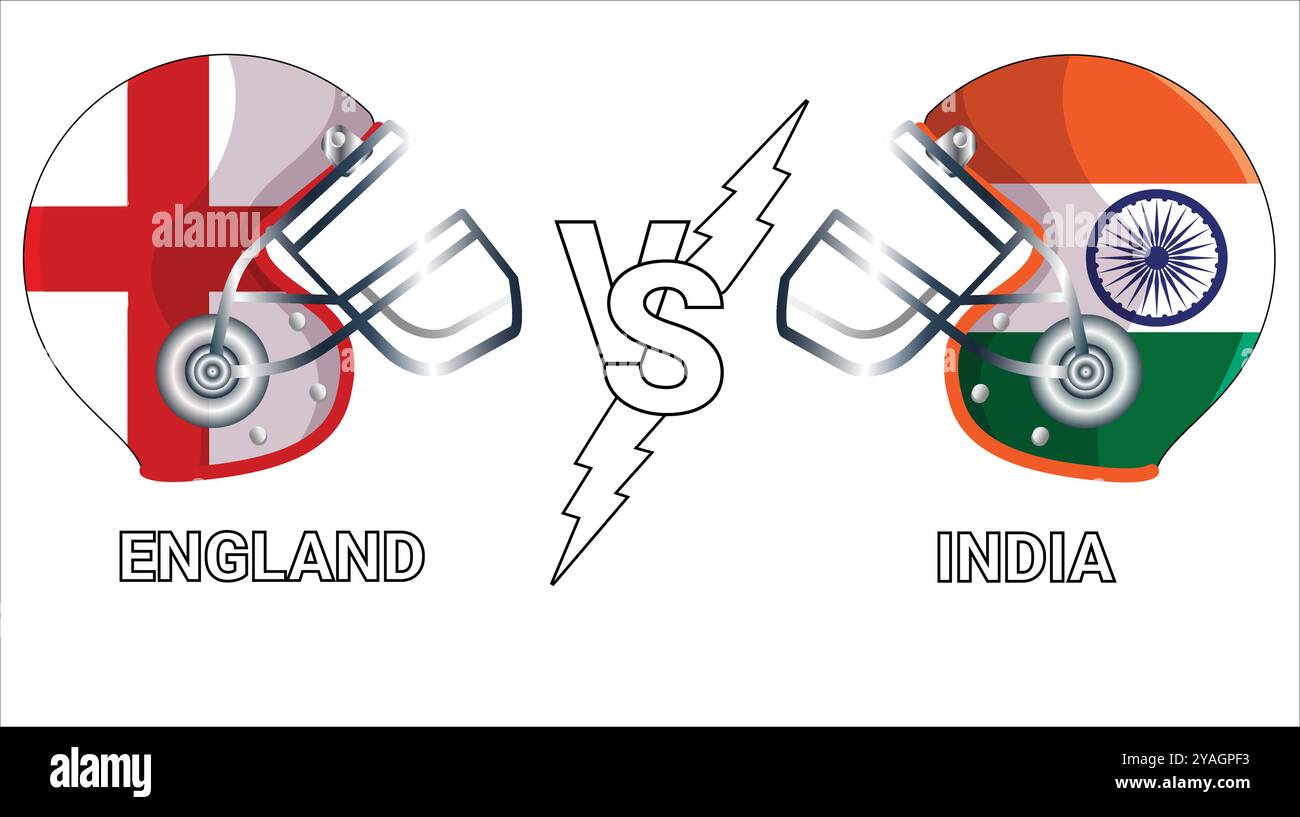 Illustrazione 3d delle bandiere vettoriali Inghilterra vs India sopra il casco da cricket per la partita contro con sfondo trasparente Illustrazione Vettoriale