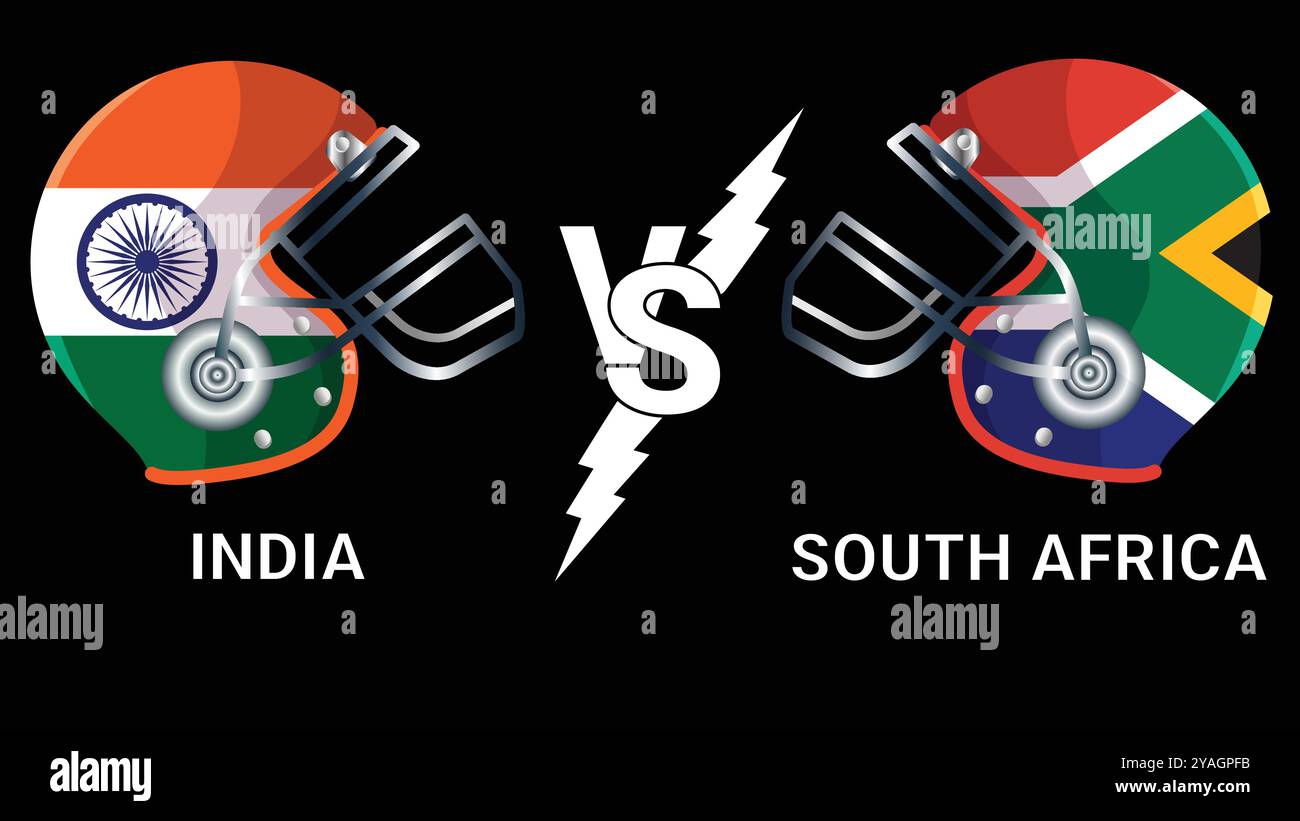 India vs Sudafrica bandiere vettoriali con illustrazione 3D sul casco da cricket per la partita contro sfondo nero Illustrazione Vettoriale