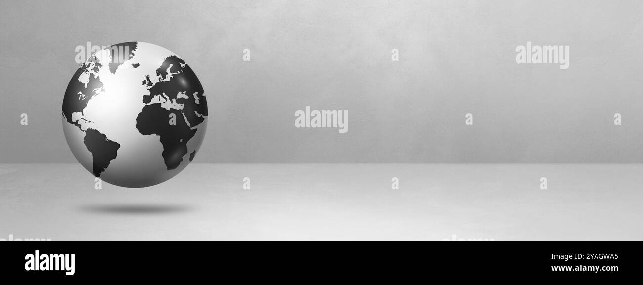 Globo mondiale, mappa della terra nera, fluttuante su uno sfondo bianco. 3D illustrazione isolata. Modello banner Foto Stock