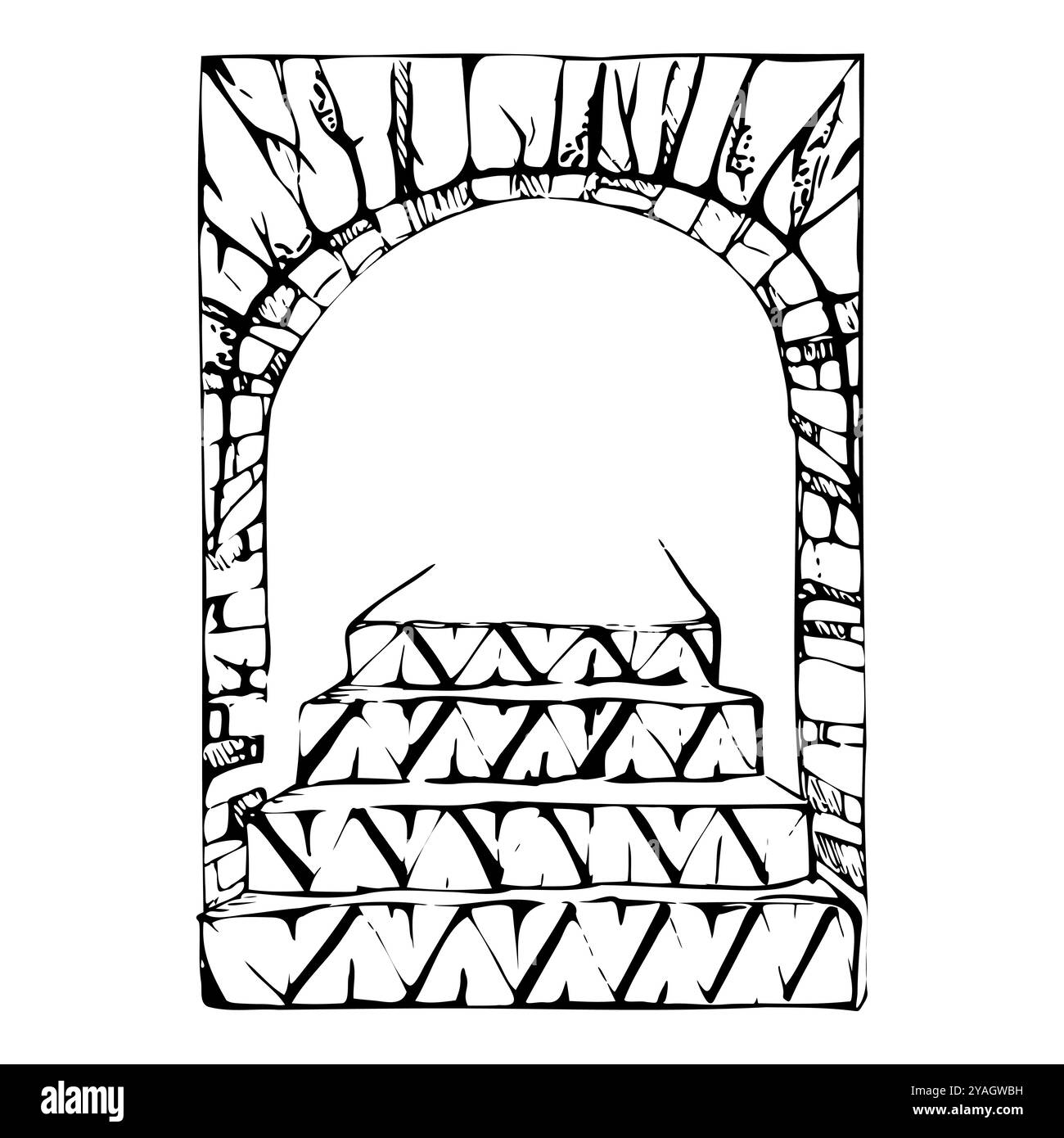 Portico con arcata a giardino con pareti geometriche azulejo e gradini, mosaico architettonico interno. Illustrazione del vettore di inchiostro disegnato a mano Illustrazione Vettoriale