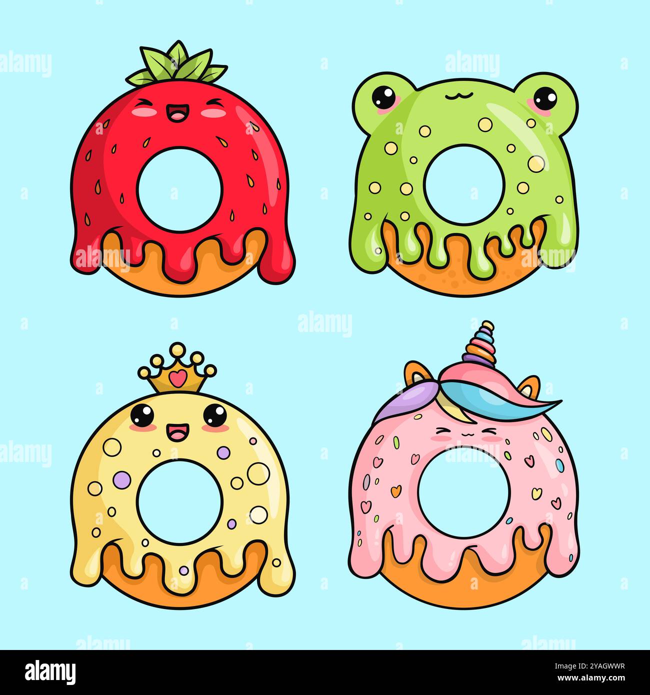 Graziosa collezione di ciambelle dolci. Divertente cottura Royal in corona, rana, fragola e unicorno con glassa. cibo cartoni animati isolato e cartoni animati kawaii Illustrazione Vettoriale