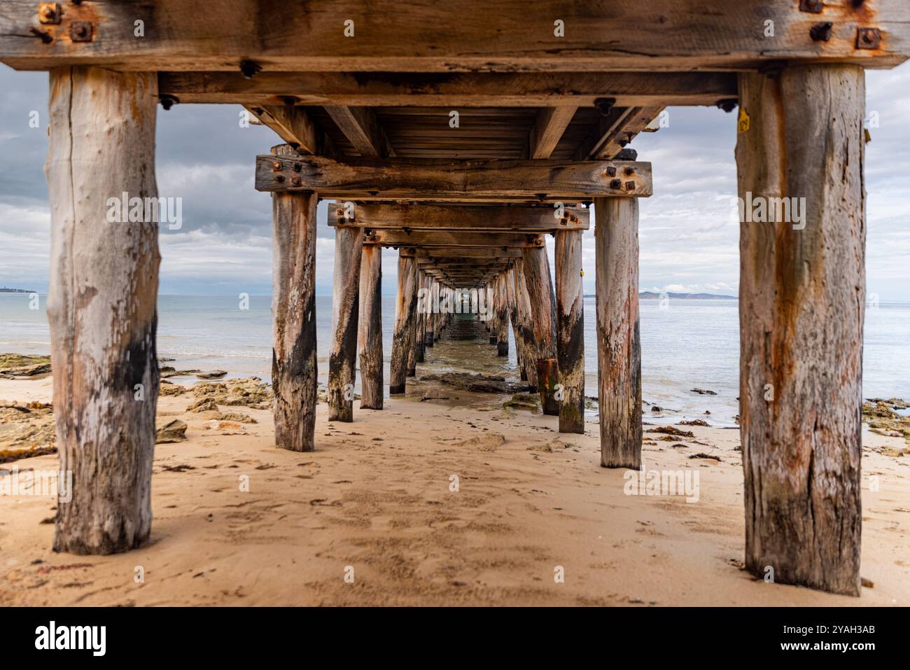 Vista sotto il molo di Point Lonsdale con colonne di legno intemperie sulla spiaggia Foto Stock