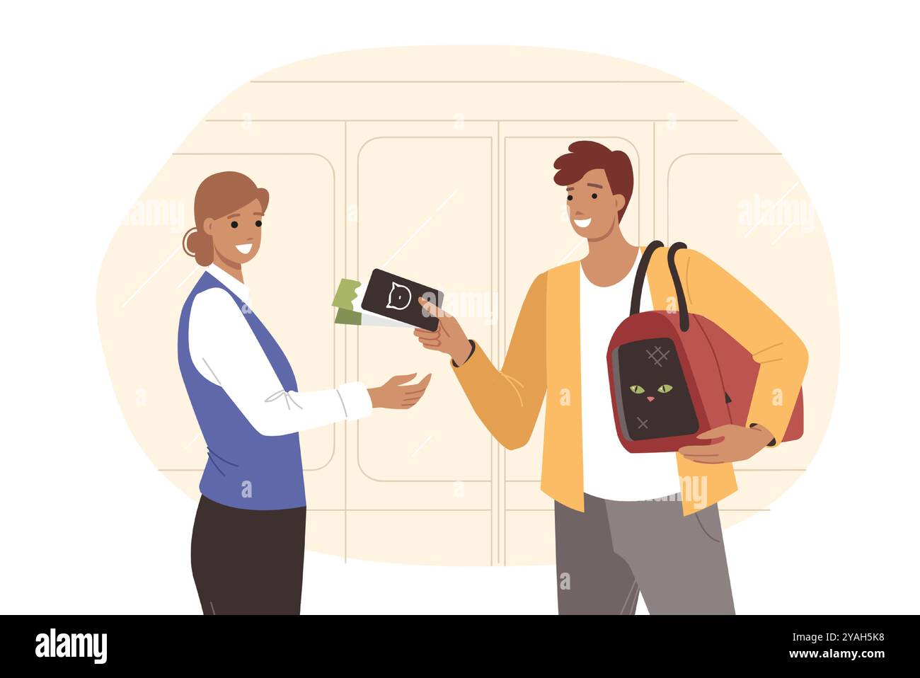 L'uomo viaggia con un animale domestico e tiene l'amato gatto in una borsa per animali, consegnando i biglietti a una donna che ispeziona i biglietti Illustrazione Vettoriale