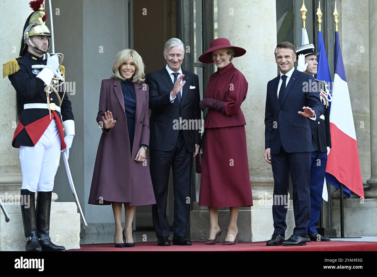 Parigi, Francia. 14 ottobre 2024. First Lady di Francia Brigitte Macron, Re Filippo - Filip del Belgio, Regina Matilde del Belgio e Presidente della Francia Emmanuel Macron, foto in occasione di un incontro diplomatico presso la residenza del Presidente Elysee a Parigi, il primo giorno della visita ufficiale di Stato della coppia reale belga in Francia, lunedì 14 ottobre 2024. La coppia reale belga è in visita di tre giorni in Francia. BELGA PHOTO POOL DIDIER LEBRUN crediti: Belga News Agency/Alamy Live News Foto Stock