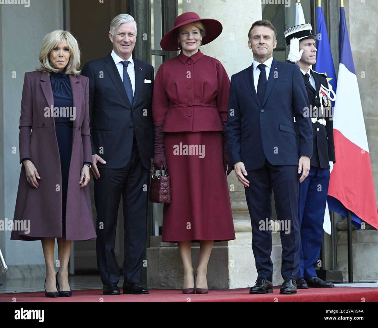 Parigi, Francia. 14 ottobre 2024. First Lady di Francia Brigitte Macron, Re Filippo - Filip del Belgio, Regina Matilde del Belgio e Presidente della Francia Emmanuel Macron, foto in occasione di un incontro diplomatico presso la residenza del Presidente Elysee a Parigi, il primo giorno della visita ufficiale di Stato della coppia reale belga in Francia, lunedì 14 ottobre 2024. La coppia reale belga è in visita di tre giorni in Francia. BELGA PHOTO POOL DIDIER LEBRUN crediti: Belga News Agency/Alamy Live News Foto Stock