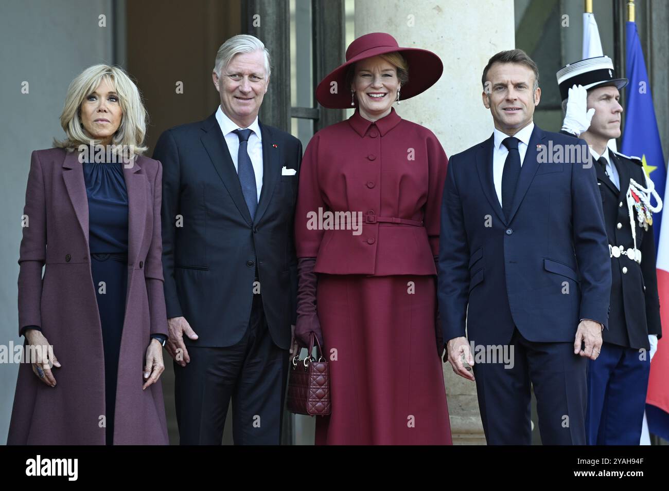 Parigi, Francia. 14 ottobre 2024. First Lady di Francia Brigitte Macron, Re Filippo - Filip del Belgio, Regina Matilde del Belgio e Presidente della Francia Emmanuel Macron, foto in occasione di un incontro diplomatico presso la residenza del Presidente Elysee a Parigi, il primo giorno della visita ufficiale di Stato della coppia reale belga in Francia, lunedì 14 ottobre 2024. La coppia reale belga è in visita di tre giorni in Francia. BELGA PHOTO POOL DIDIER LEBRUN crediti: Belga News Agency/Alamy Live News Foto Stock
