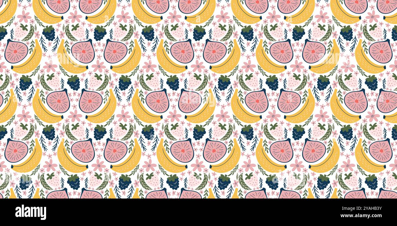 Vivace motivo senza cuciture con banane, fichi, more, fragole bianche, fiori rosa, e foglie verdi. Progettato in uno stile vettoriale moderno e organico con colori piatti e un fascino divertente e infantile Illustrazione Vettoriale