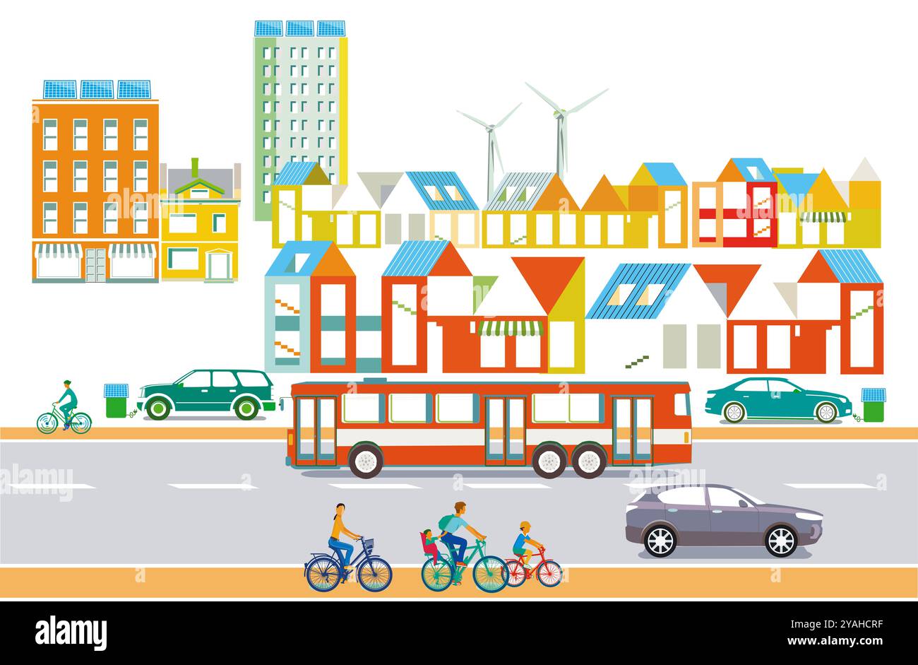 Silhouette urbana di una città verde, con autobus, auto elettriche, illustrazione ritagliata Foto Stock