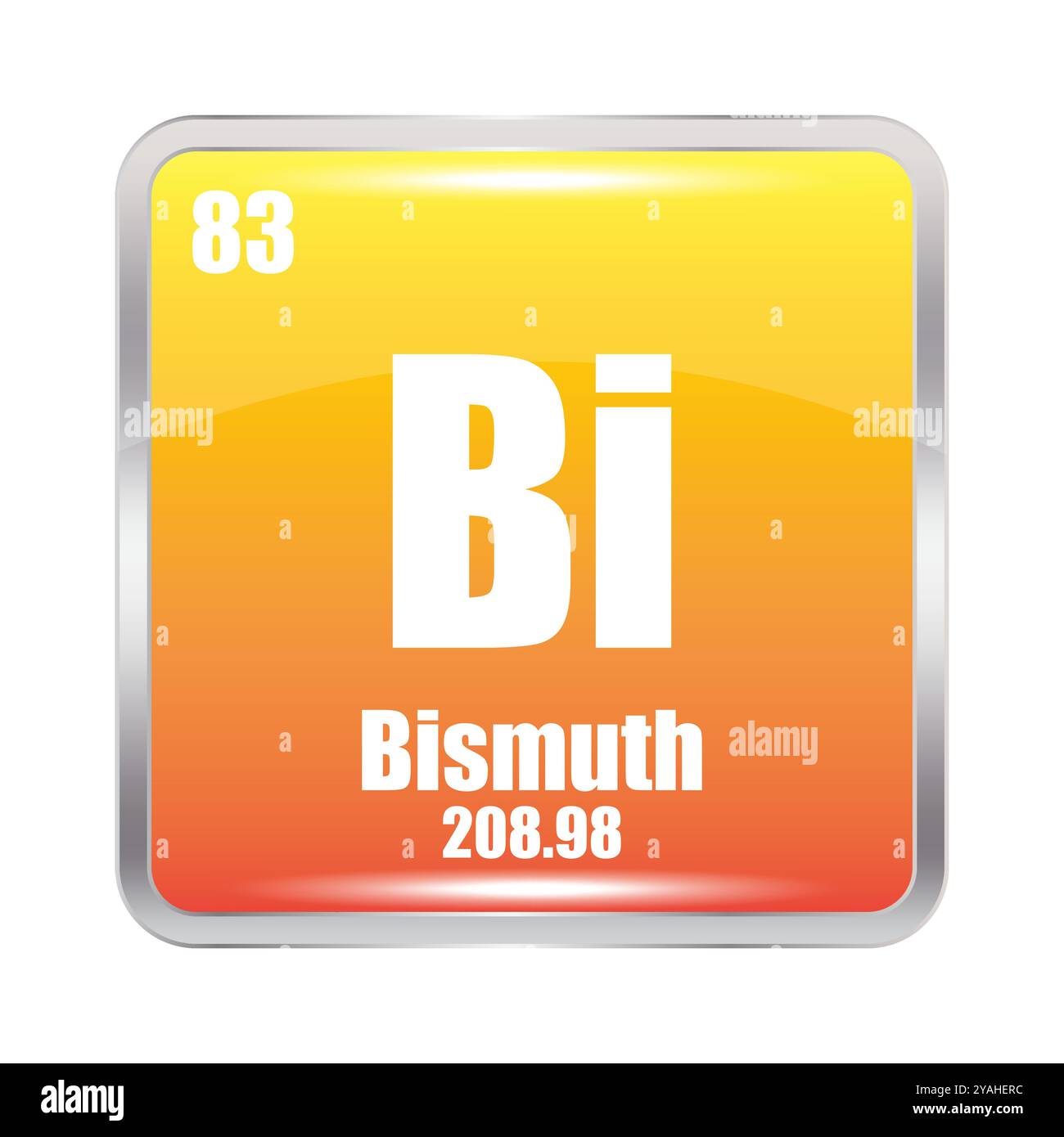 Icona bismuto. Elemento chimico BI. Numero atomico 83. Massa 208.98. Immagine quadrata gialla. Simbolo vettoriale. Illustrazione Vettoriale