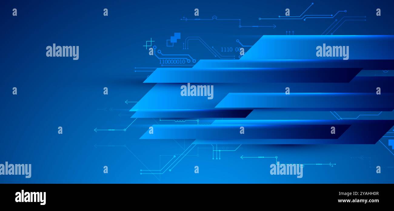 Illustrazione tecnologica astratta con luci al neon su sfondo blu scuro sfumato. Questo vettore è stato disegnato a mano. Illustrazione Vettoriale