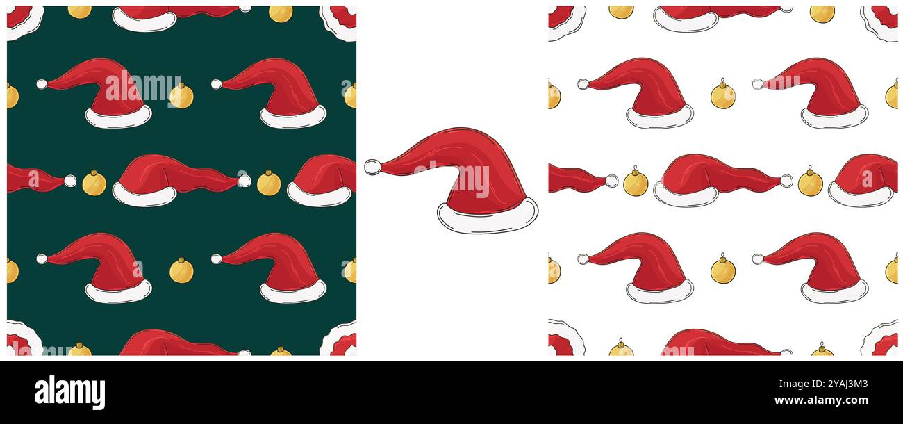 Vacanze di Capodanno. Cappello di Natale, regali. Imposta i motivi senza cuciture nello stile del disegno a mano. Può essere utilizzato per tessuti e così via Illustrazione Vettoriale