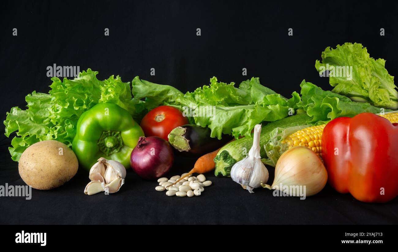Un vivace assortimento di verdure biologiche fresche, tra cui lattuga, pomodoro, pepe, aglio, e zucchine, visualizzate su uno sfondo nero Foto Stock