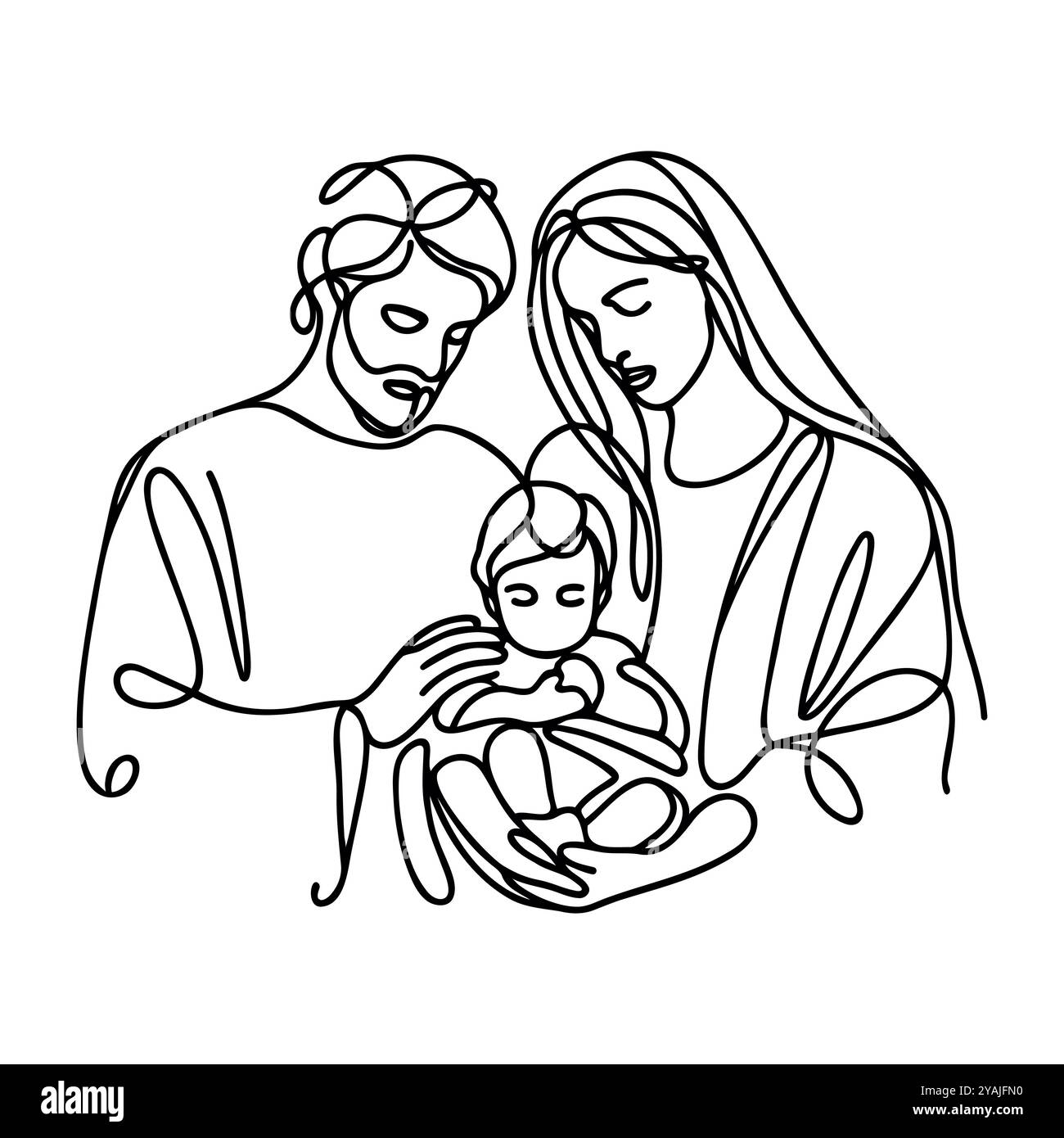 Continua una linea di Natale vettoriale presepe cristiano di Gesù bambino con Maria e Giuseppe. Scena di Betlemme. Illustrazione Vettoriale