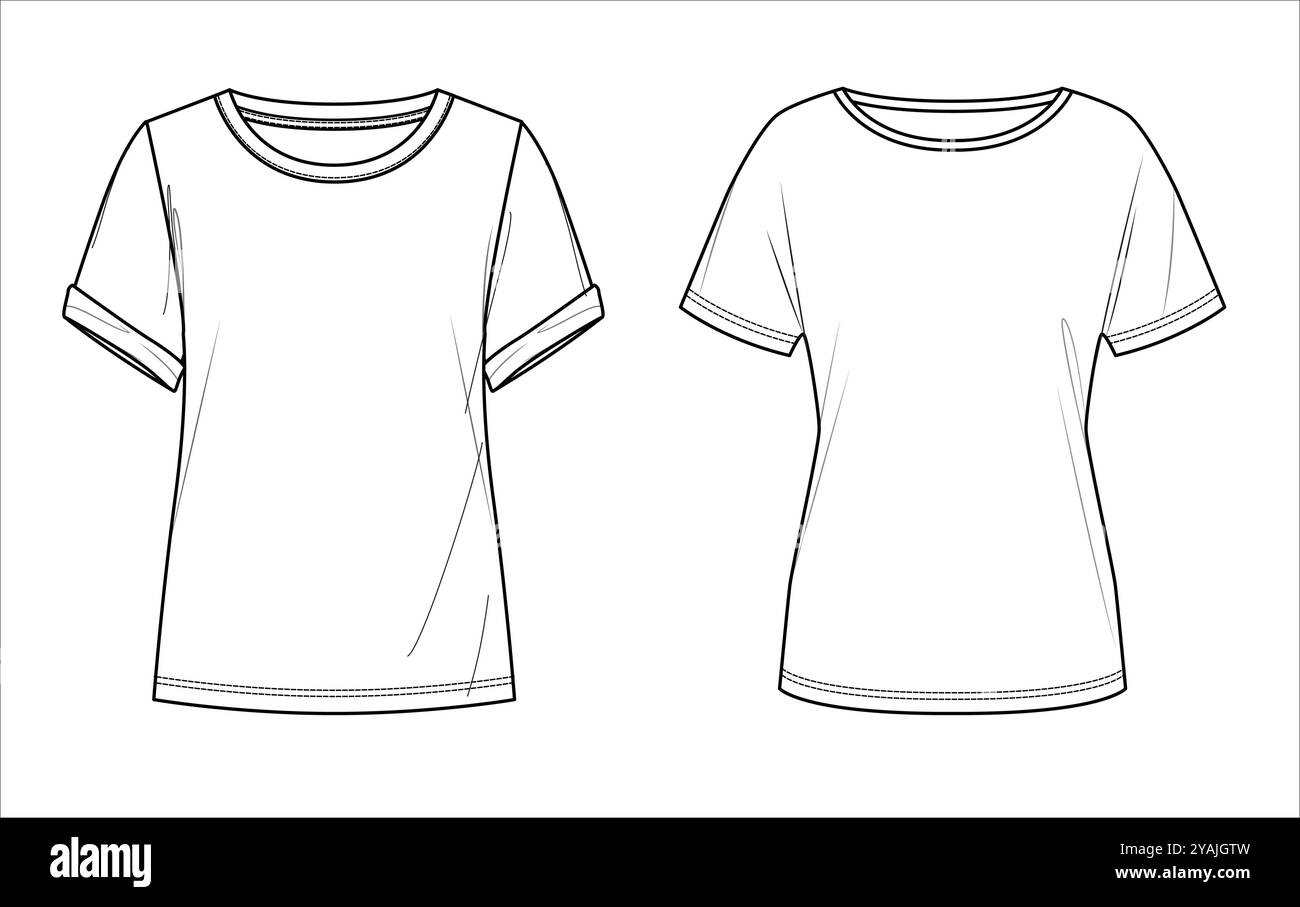 Vector colletto rotondo moda CAD, donna 2 peaces set t shirt disegno tecnico, maniche corte con flat frills, modello, schizzo. Jersey o Wove Illustrazione Vettoriale