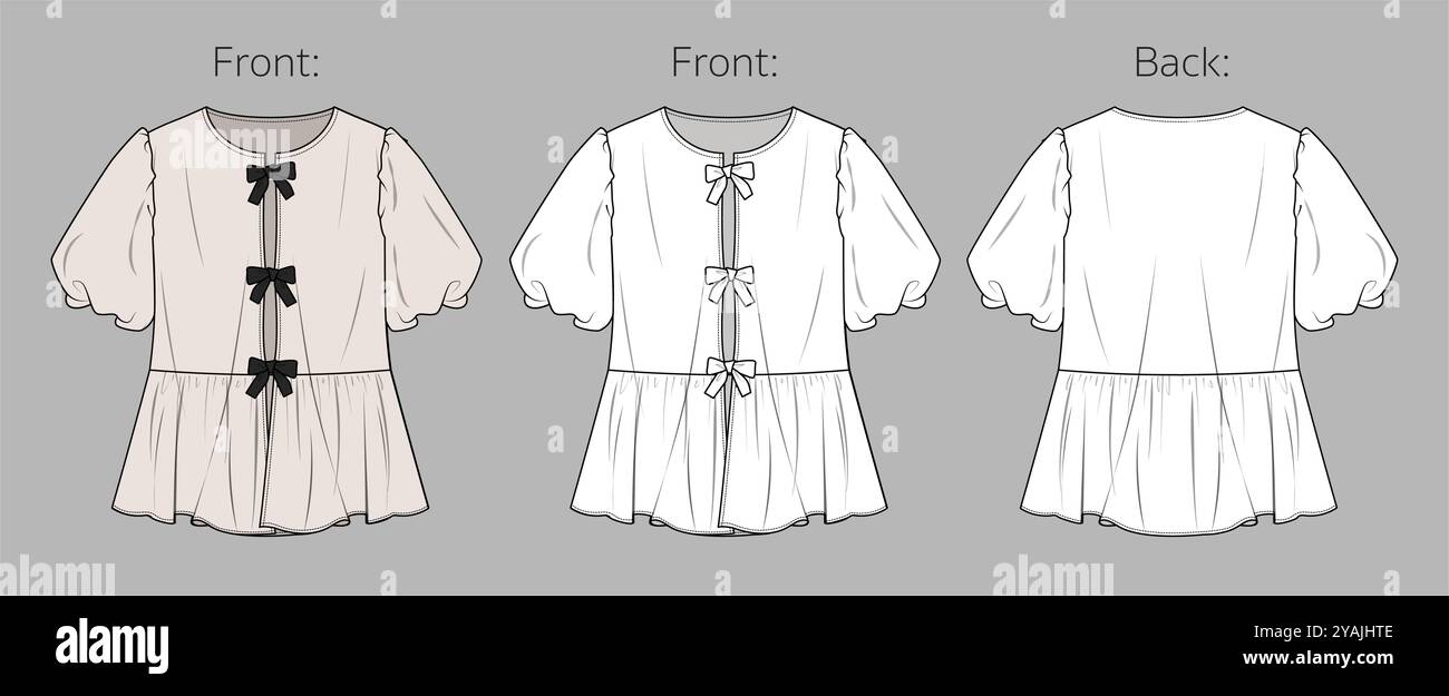 Top Vector a manica corta con dettagli di moda CAD, camicetta da donna con collo rotondo corta con disegno tecnico ad arco, modello, mock-up, schizzo. P Illustrazione Vettoriale