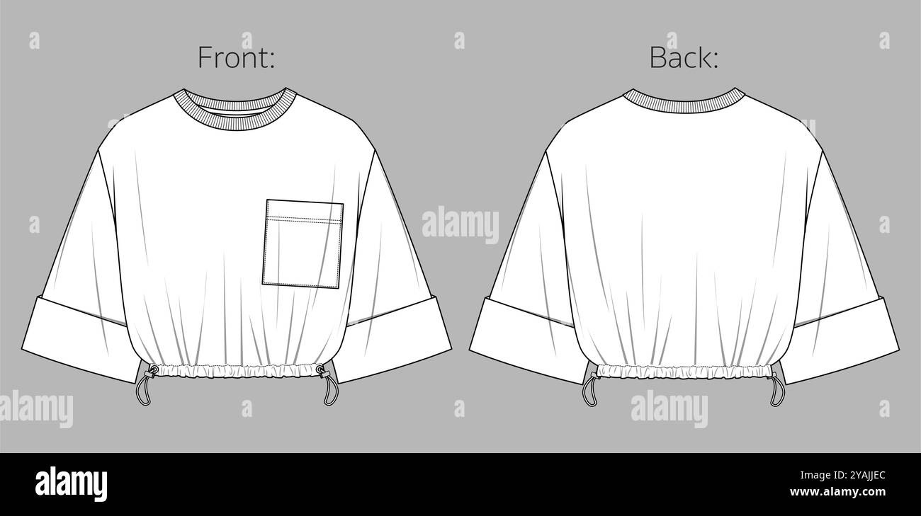 Vettoriale con collo rotondo, disegno tecnico t shirt da donna, T-shirt a maniche corte con raccolta piatta, modello, schizzo. Maglia o tessuto fab Illustrazione Vettoriale