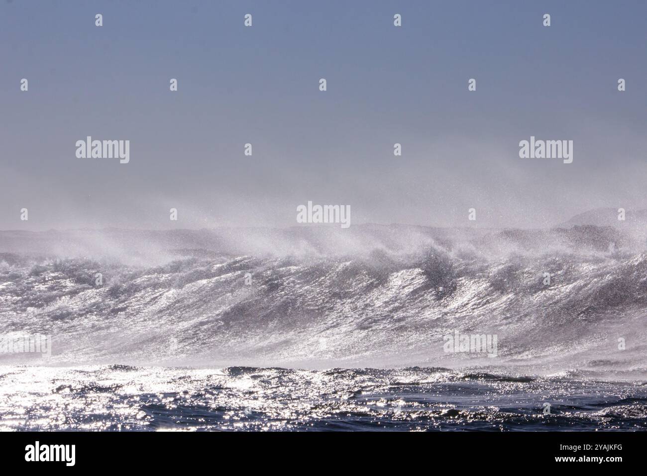 Spruzzi che vengono soffiati dai forti venti dalla cima delle onde lungo la costa della Namibia a Luderitz Foto Stock