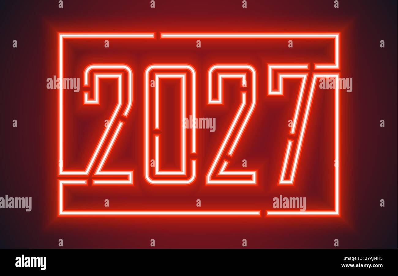 Felice anno nuovo 2027, motivo festivo con scritta al neon su sfondo a colori per biglietto d'invito, buon Natale, felice anno nuovo, saluto CA Illustrazione Vettoriale