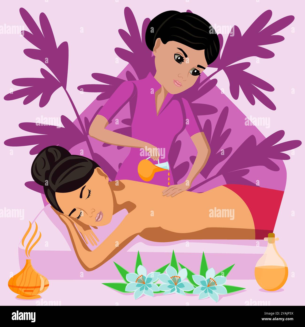 Massaggio aromaterapico. Terapia e trattamento da parte di terapisti professionisti nella SPA. Illustrazione del vettore piatto isolato. Etnia indiana e orientale. Illustrazione Vettoriale