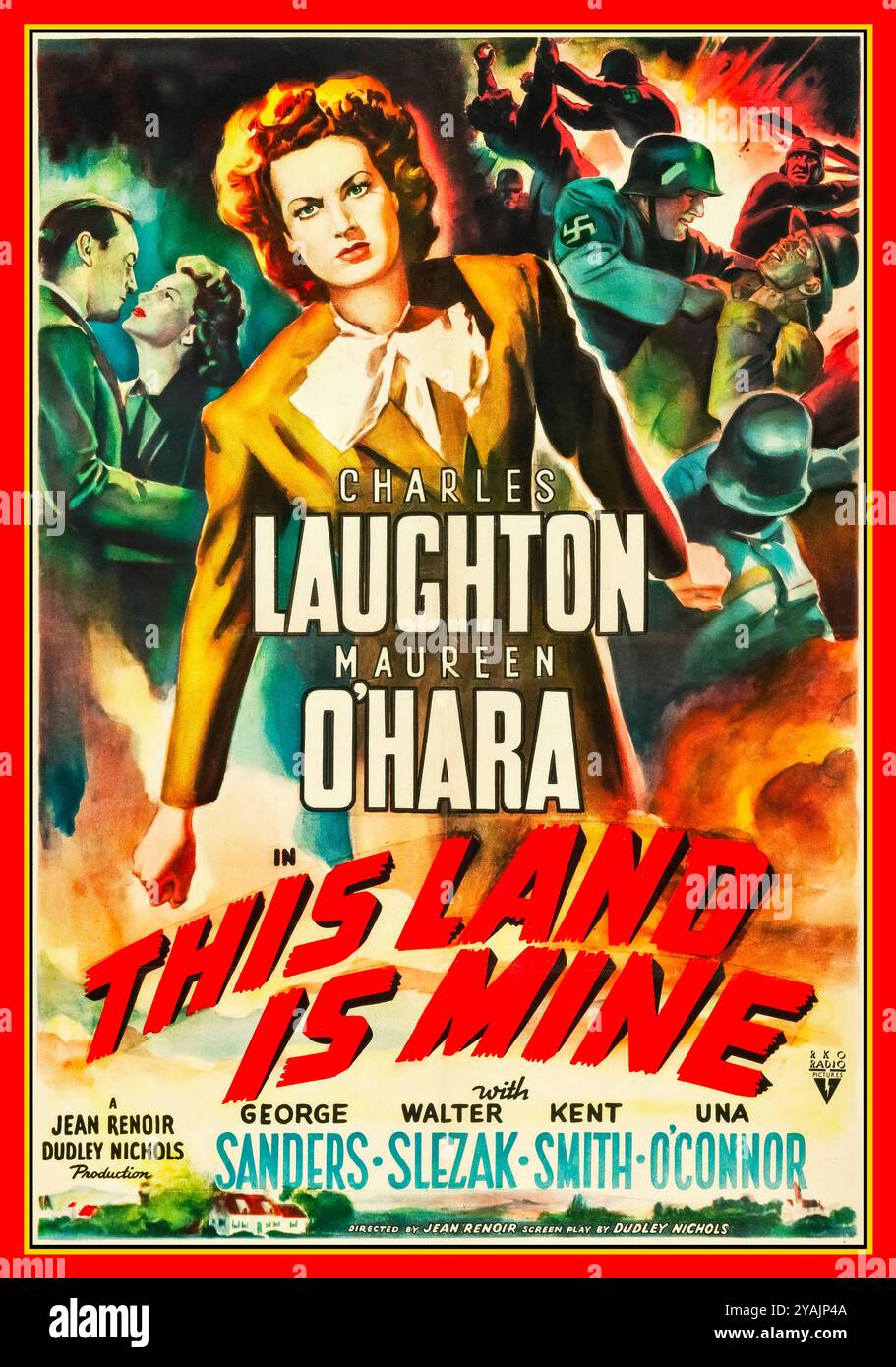 Questa terra è mia è un film di propaganda del 1943 diretto da Jean Renoir. Il film, con Charles Laughton e Maureen o'Hara, è stato progettato per promuovere la resistenza contro il fascismo e l'occupazione nazista. Ambientato in una città europea senza nome sotto il controllo nazista, il film si concentra sul coraggio dei cittadini comuni che si oppongono all'oppressione. Poster di distribuzione teatrale: Propaganda Movie Film USA poster di uscita teatrale per il film degli anni '1940 This Land Is Mine. Interpretato da Charles Laughton e Maureen o'Hara Date 1942 seconda guerra mondiale Foto Stock