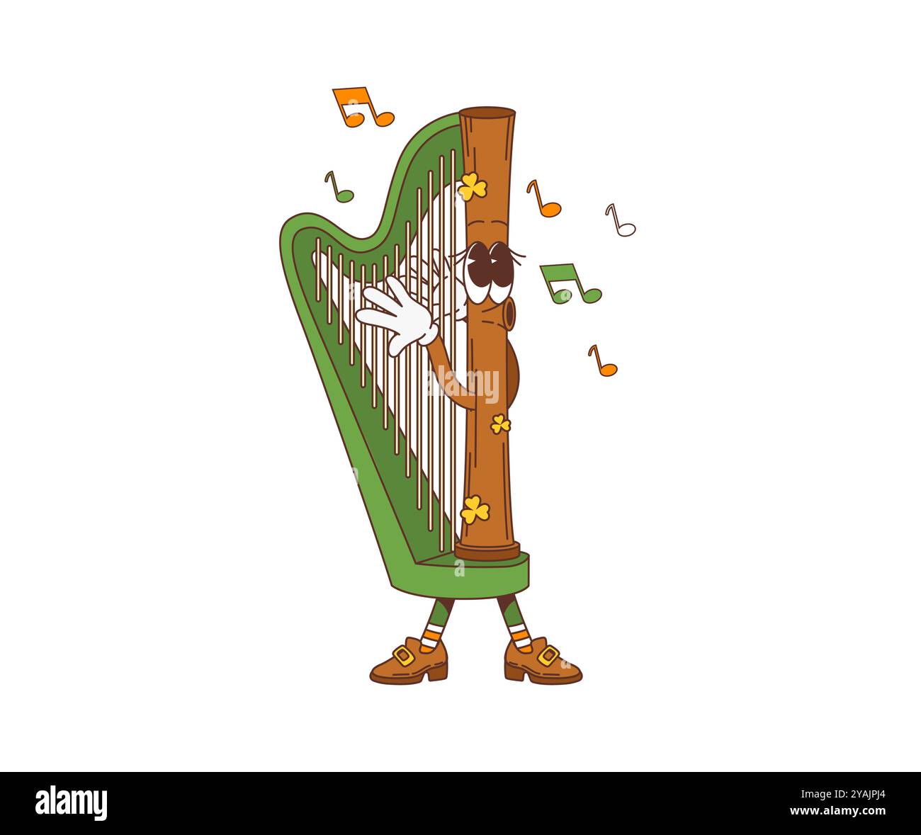 Personaggio cartoni animati dell'arpa irlandese retrò, personaggio festivo del giorno di san patrizio. Strumento vettoriale isolato foglie e note intorno, celebra il St Patricks Festival, suonando musica sulle sue corde Illustrazione Vettoriale