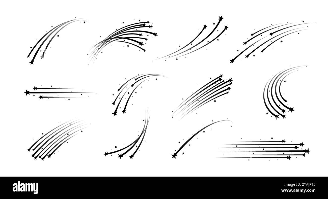 Sparare stelle spaziali con sentieri, Starburst. Serie di vettori di meteore monocromatiche o asteroidi. Comete in caduta cosmica con tracce. Striature miste di luce, magia ed energia si fanno notare nel cielo notturno Illustrazione Vettoriale
