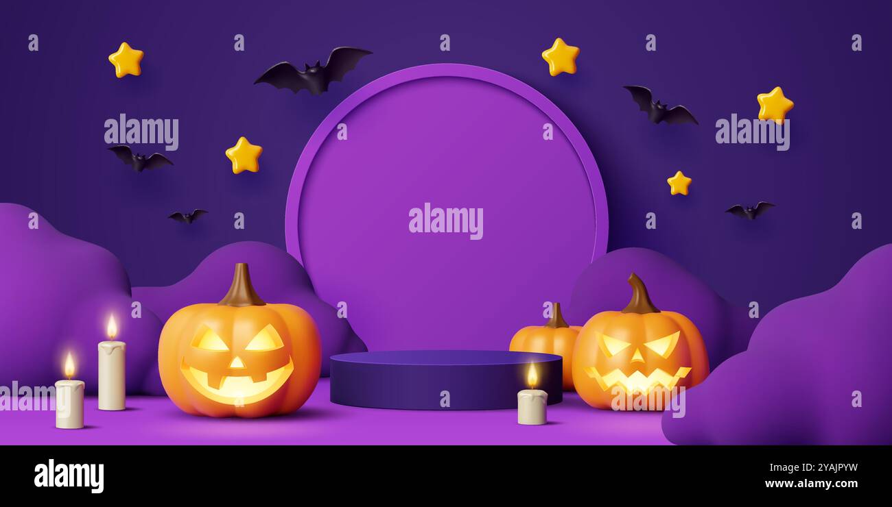 Palcoscenico 3d di Halloween con zucche, candele e pipistrelli volanti. Scena festosa inquietante e spettrale con piattaforma rotonda circondata da lanterne luminose e lume di candela su sfondo viola scuro Illustrazione Vettoriale