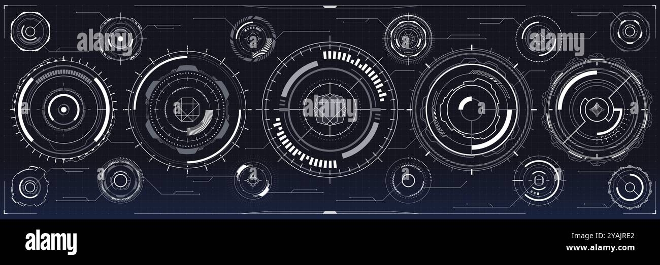 Elementi HUD digitali, tecnologia futuristica interfaccia utente cyber di ci Fi e futuro gioco tecnologico. Ologrammi futuristici del pannello di controllo grafico vettoriale, bersaglio rotondo astratto o pulsante, elementi del display della testa Illustrazione Vettoriale