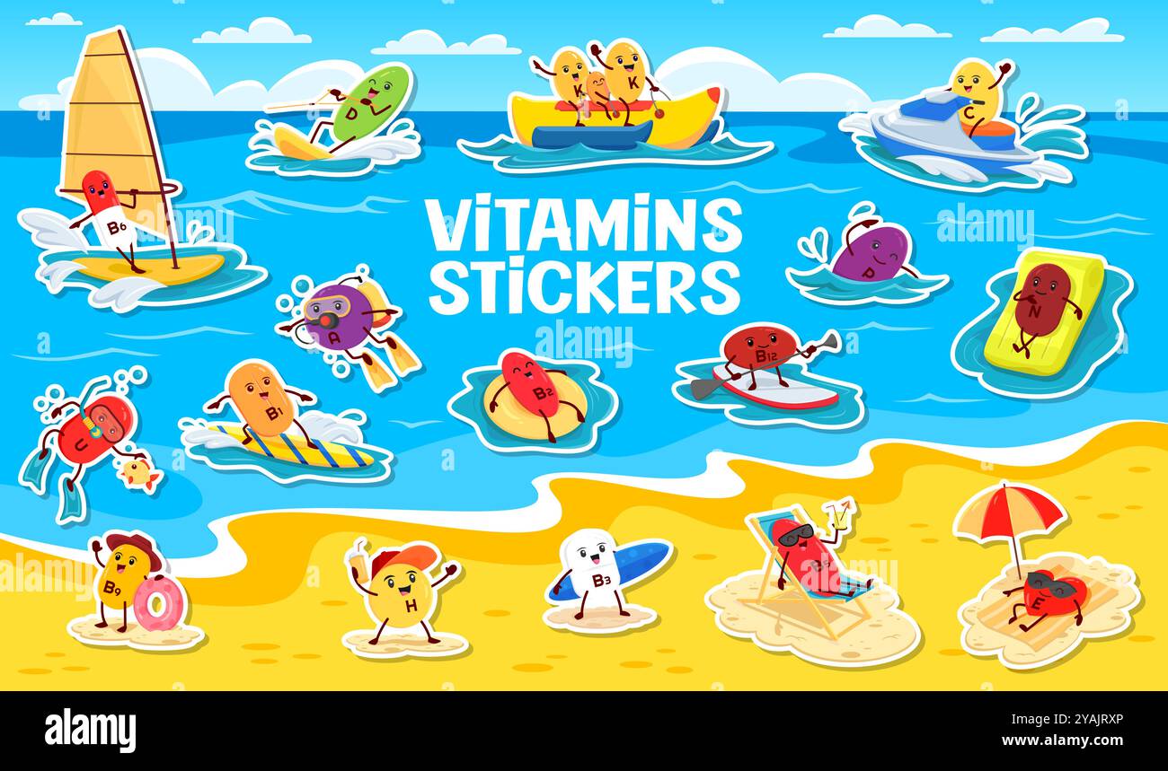 Pacchetto di adesivi con personaggi vitaminici dei cartoni animati in vacanza estiva. Capsule con supplemento vettoriale per praticare attività in spiaggia e in acqua, come surf, nuoto, prendere il sole, windsurf e supboarding Illustrazione Vettoriale