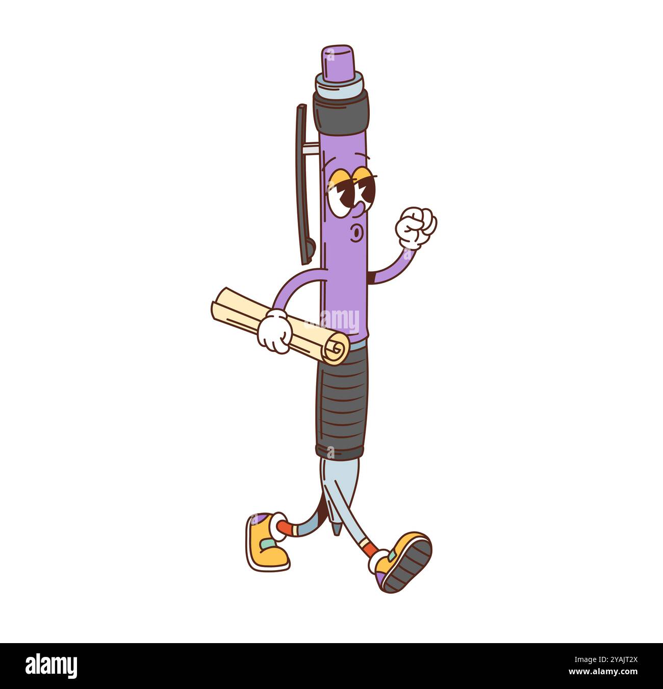 Il personaggio della penna scolastica Groovy cammina con sicurezza con il rotolo di carta in mano e le sneakers hippie. Cartoni animati isolati vettoriali didattici y2k funky cancelleria, personaggio di strumenti di scrittura, con vibrazioni retrò Illustrazione Vettoriale