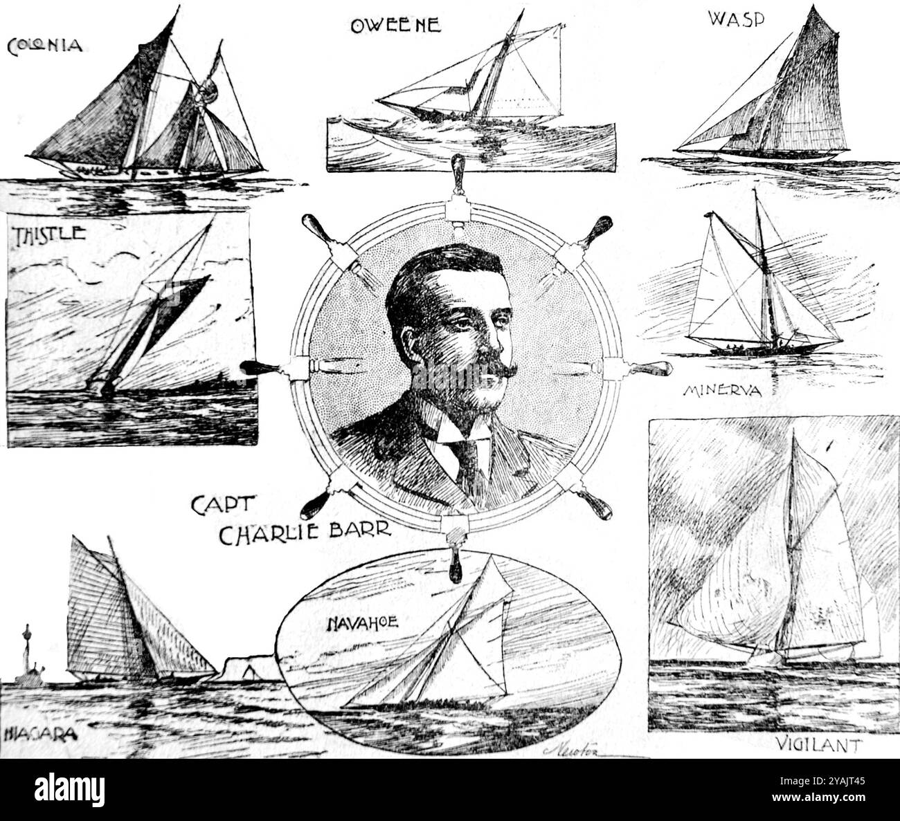 IMMAGINI DI UN TEMPO - gestito da PPL FOTO AGENCYCirca 1899 America's Cup. Capitano Charles Barr (1864-1911). Una grafica di giornale di 1899 pubblicazioni Foto Stock