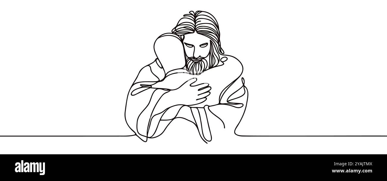 Gesù abbraccia un uomo continua a disegnare una sola linea. Illustrazione Vettoriale