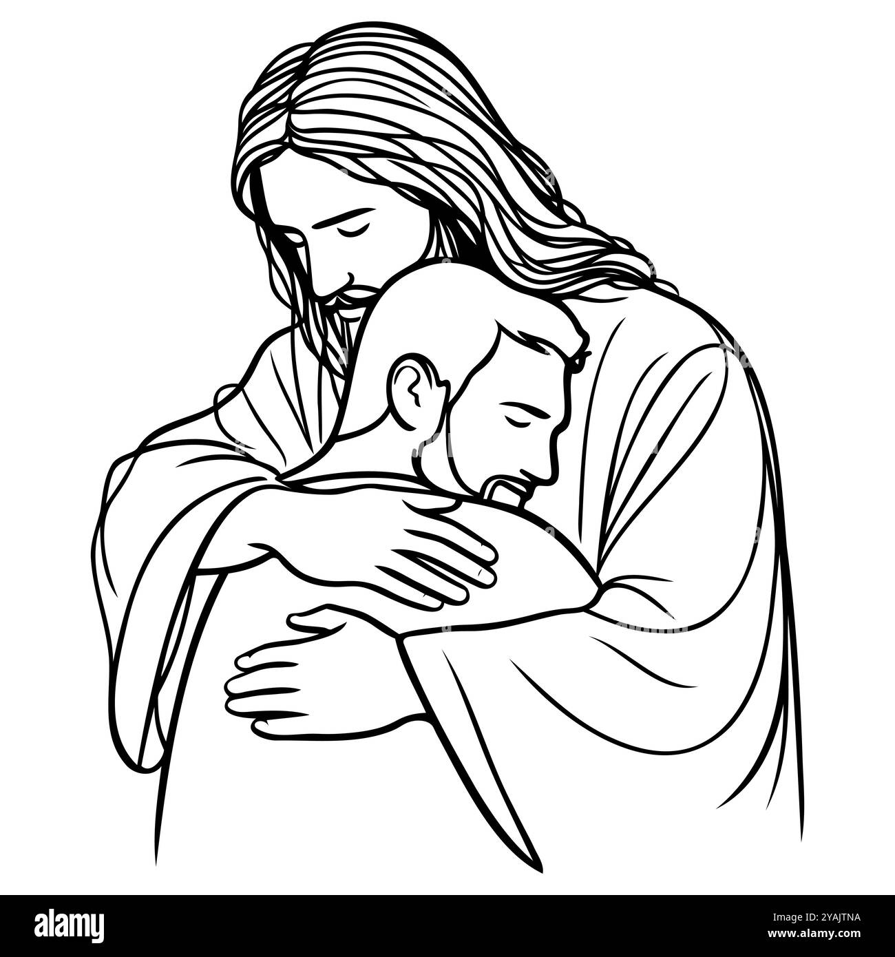 Gesù abbraccia un uomo continua a disegnare una sola linea. Illustrazione Vettoriale